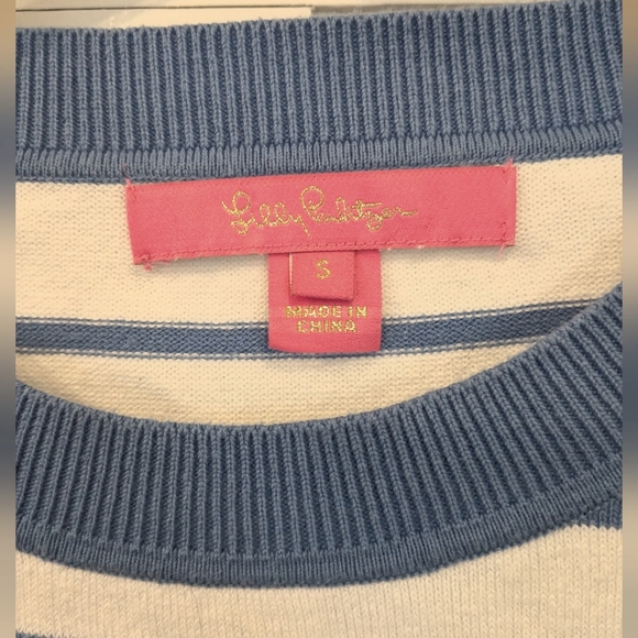 Lilly Pulitzer Dasha Blue/White Stripe Sweater Fringe Cuff Sleeve, Size small - Picture 2 of 4
